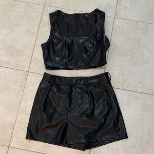 7 For All Mankind Black Leather Top and Shorts Set